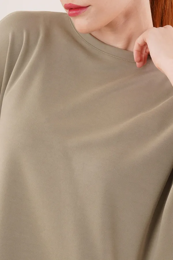 Modal Kısa Kollu Üst Ve Geniş Paça Eşofman İkili Toptan Yağ Yeşili Takım