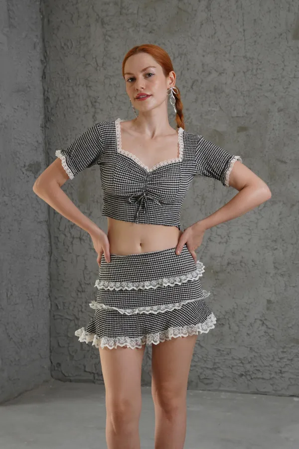 Pötikare Desenli Etek Crop Siyah Toptan İkili Takım