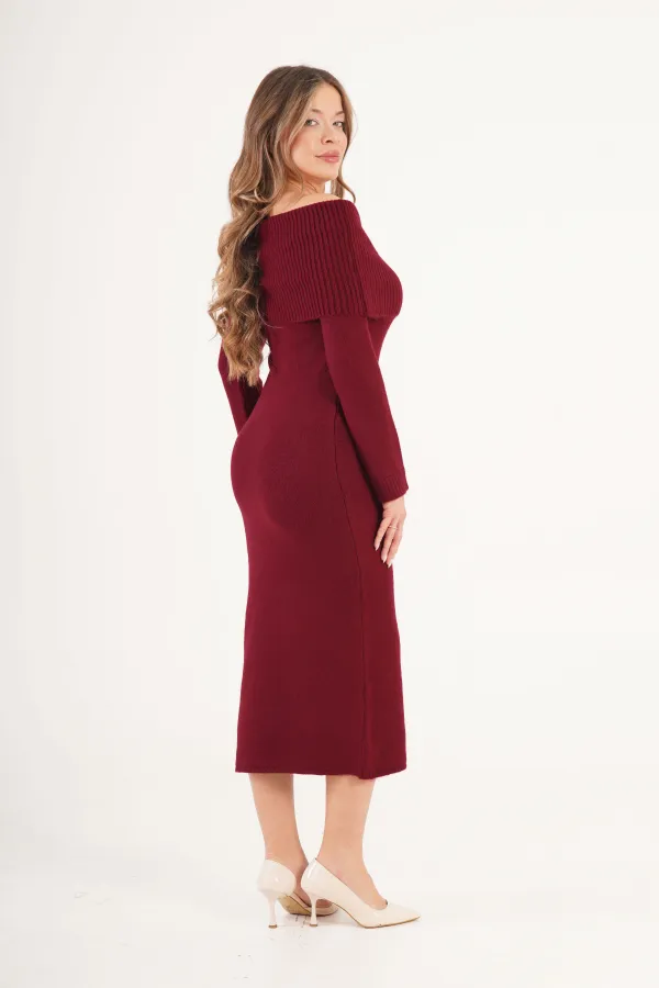 Madonna Yaka Toptan Bordo Triko Elbise