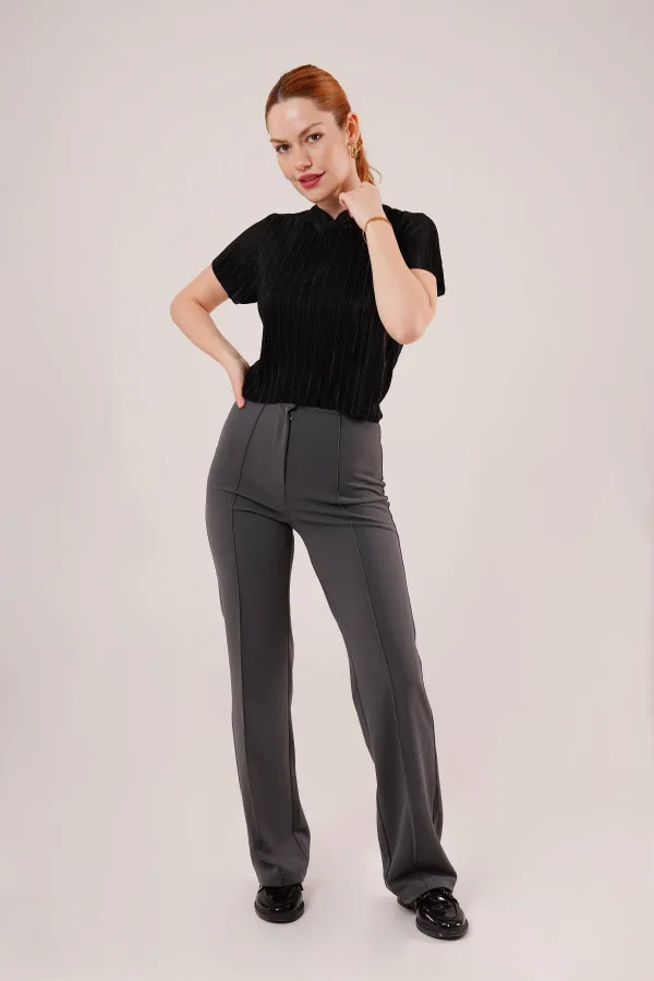 Fitilli Kısa Kollu Parlak Toptan Siyah Bluz