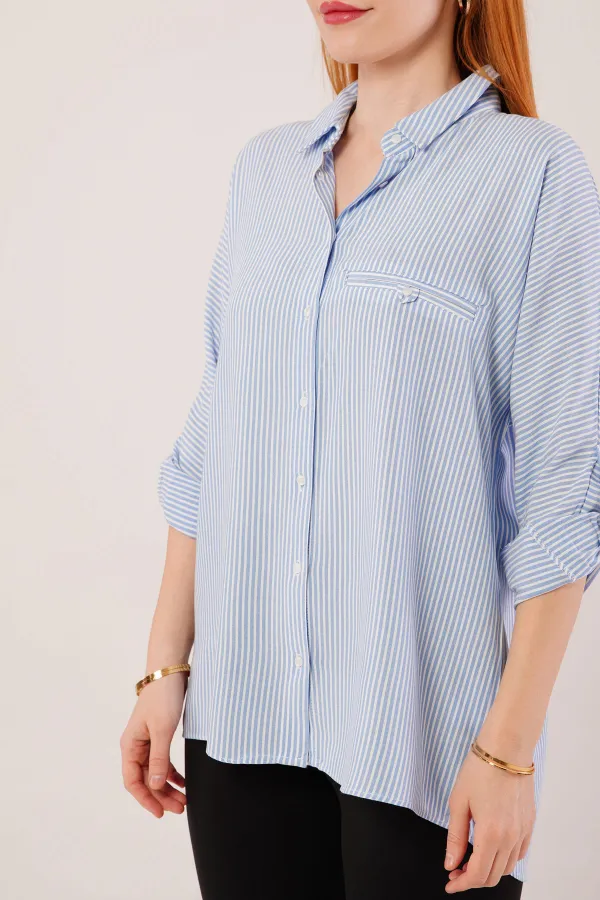 Cep Detay Mavi Oversize Çizgili Toptan Gömlek