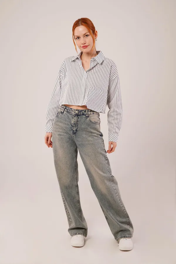 Crop Model Cepli Ve Çizgili Beyaz Toptan Gömlek