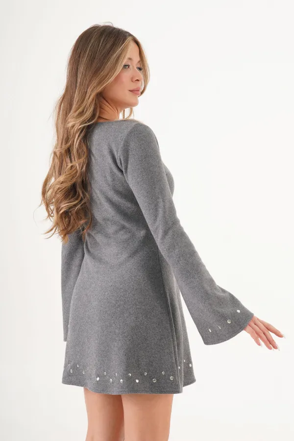 Selanik Örgü Taşlı Toptan Gri Elbise