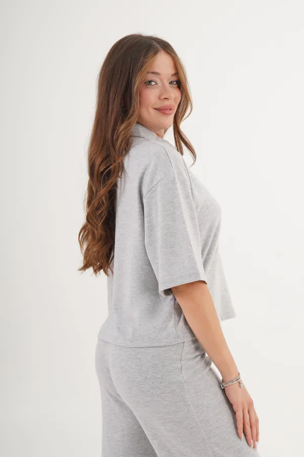 Gömlek Yaka Kısa Kol Gri Toptan Bluz