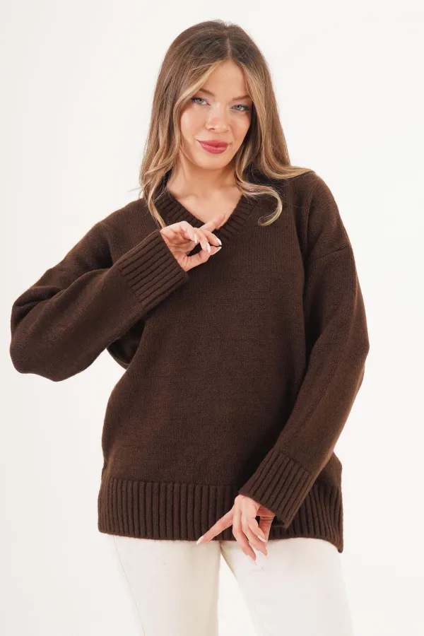 Pull en maille côtelée épaisse à col en V, vendu en gros, couleur café