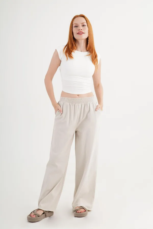 Bel Lastikli Paça Detaylı Cepli Toptan Taş Pantolon