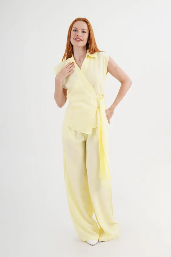 Double Breasted Shirt Blouse and Trousers Wholesale Yellow Suit