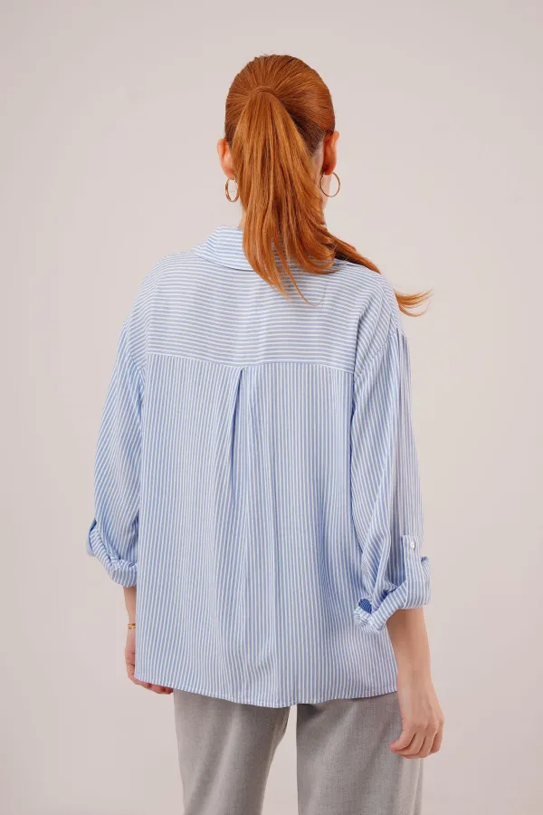 Yarasa Kol Çizgili Cep Detaylı Toptan Mavi Gömlek