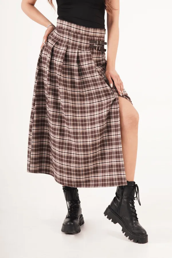 Kemer Detaylı Yan Yırtmaçlı Kahve Ekose Toptan Uzun Etek