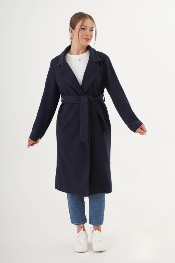Wholesale Navy Blue Cashmere Coat with Belt and Lining