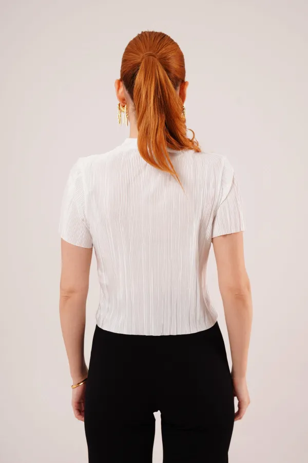Fitilli Kısa Kollu Parlak Toptan Beyaz Bluz