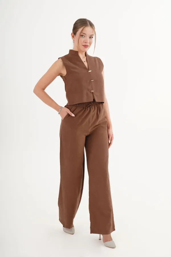 Kolsuz Yelek Bol Pantolon Süet Taba Toptan Takım