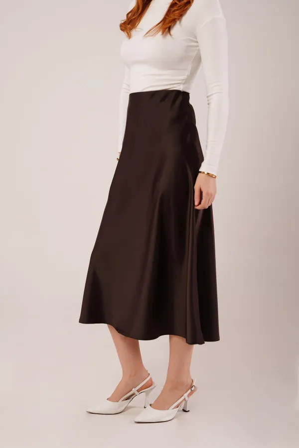 Çan Kesim Midi Kahverengi Toptan Saten Etek