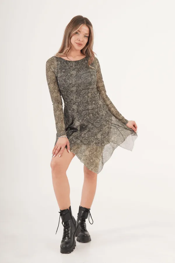 Desenli Asimetrik Kesim Tüllü Toptan Haki Elbise