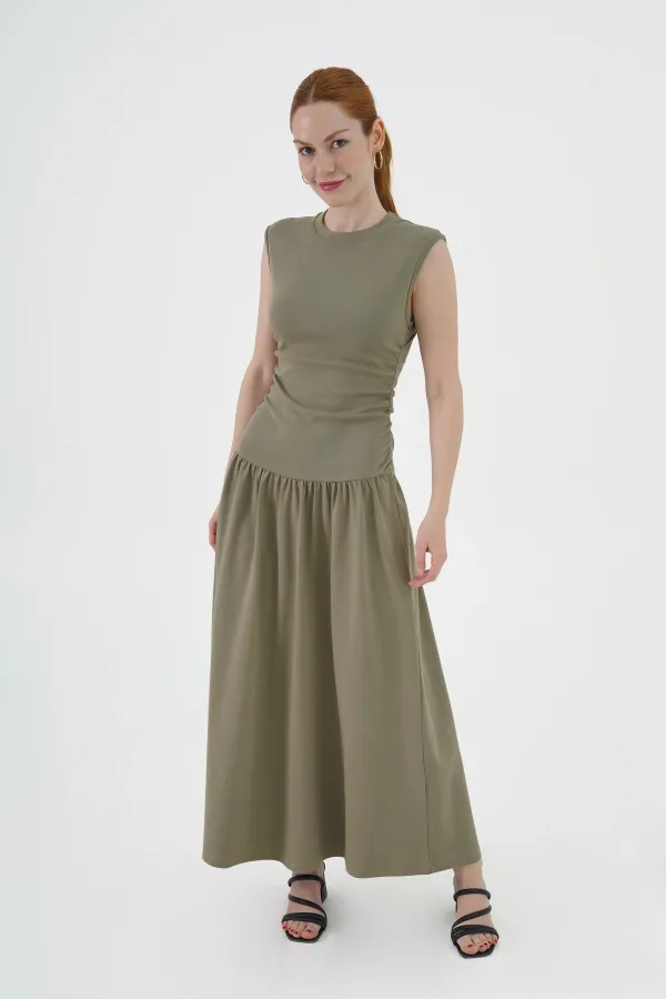 Khaki Wholesale Dress with Pleated Waist