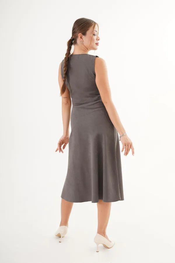 Premium Yelek Ve Etek Antrasit Süet Toptan İkili Takım