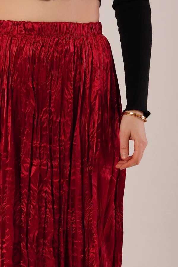 Midi Boy Pileli Saten Toptan Bordo Etek