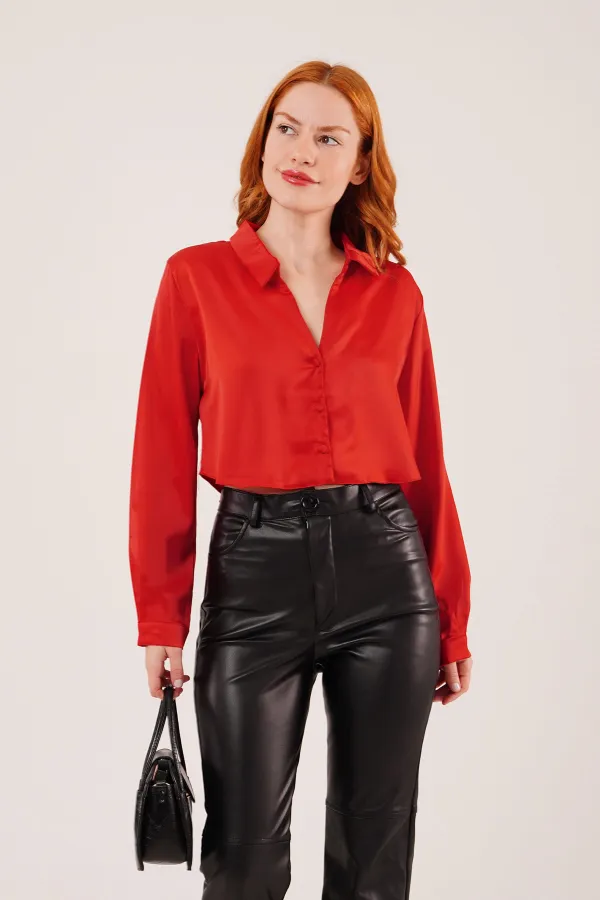 Saten Crop Model Toptan Kırmızı Gömlek