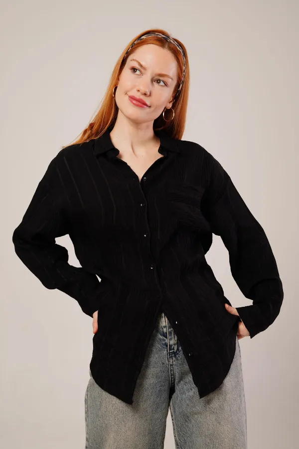 Hakim Yaka Çizgili Cep Detaylı Toptan Siyah Gömlek