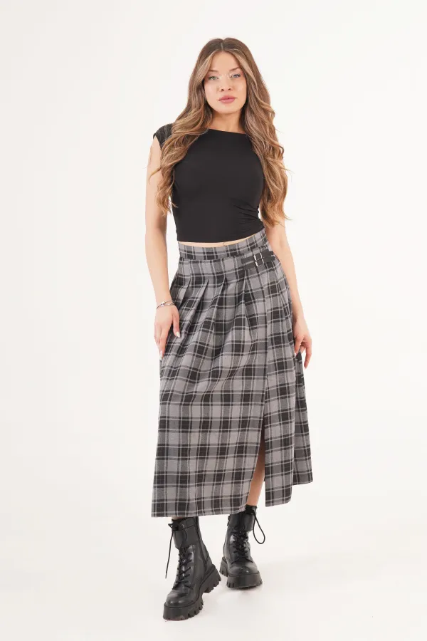 Kemer Detaylı Yan Yırtmaçlı Gri Ekose Toptan Uzun Etek