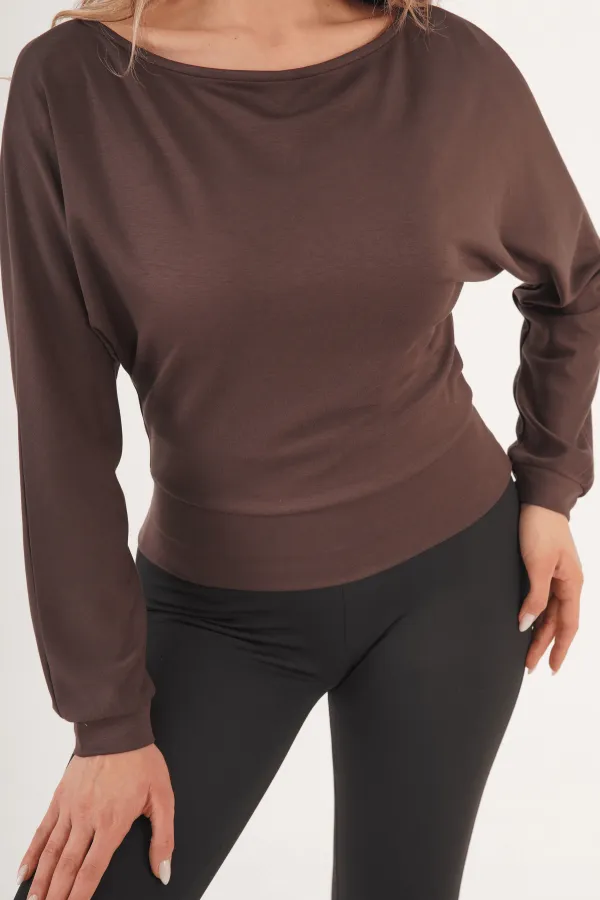 İnce Oys Kumaş Yarasa Kol Toptan Kahve Bluz