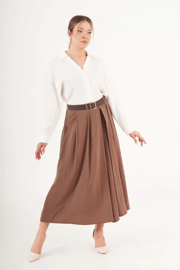 Kemerli Pilili Camel Midi Toptan Etek