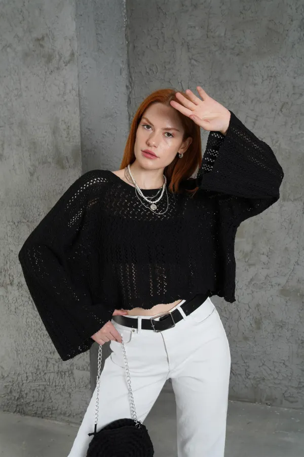 Ajurlu Bisiklet Yaka Siyah Toptan Bluz