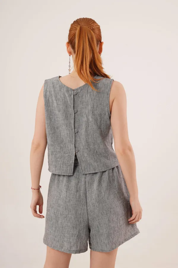 Arkası Düğme Detaylı Bluz Ve Cepli Şort İkili Toptan Antrasit Takım