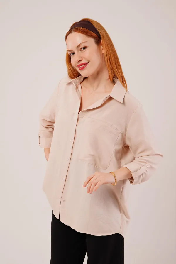 Salaş Kesim Cepli Toptan Bej Gömlek