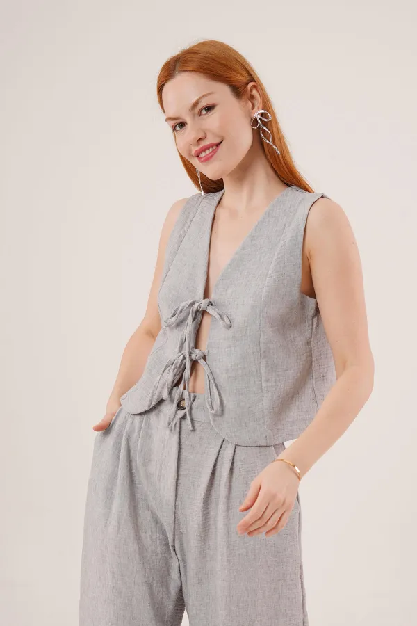 Ön Bağlama Detaylı Yelek Ve Pantolon Gri Toptan İkili Takım