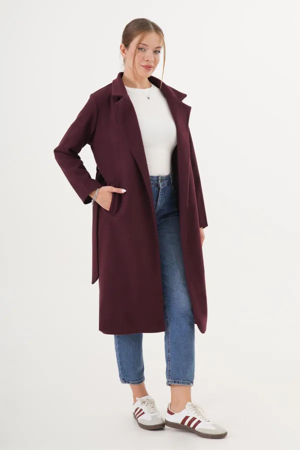 Beli Kuşaklı Astarlı Toptan Bordo Kaşe Kaban