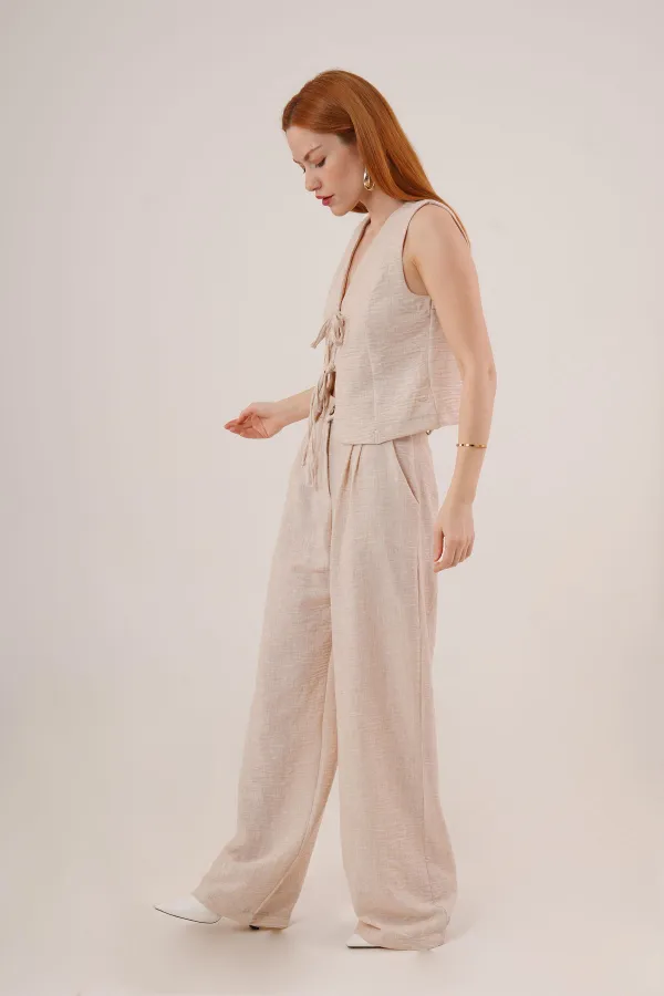 Ön Bağlama Detaylı Yelek Ve Pantolon Taş Toptan İkili Takım