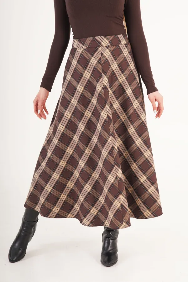 Kareli Yüksek Bel Trend Kahve Toptan Etek