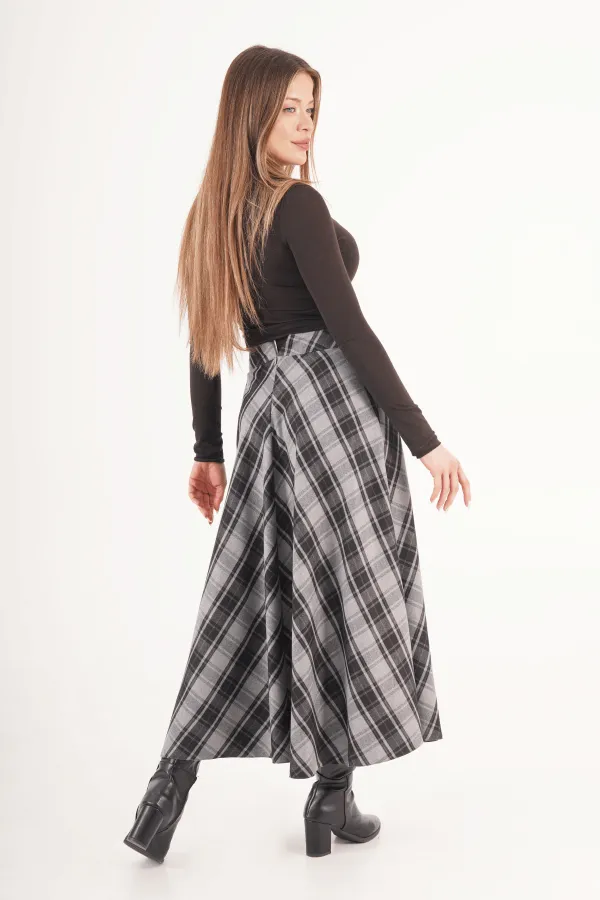 Kareli Yüksek Bel Trend Gri Toptan Etek