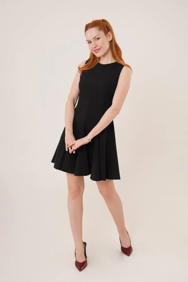 Sıfır Kol Pileli Toptan Siyah Mini Elbise