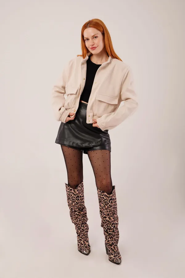 Gold Düğmeli Kaşe Toptan Bej Bomber Ceket