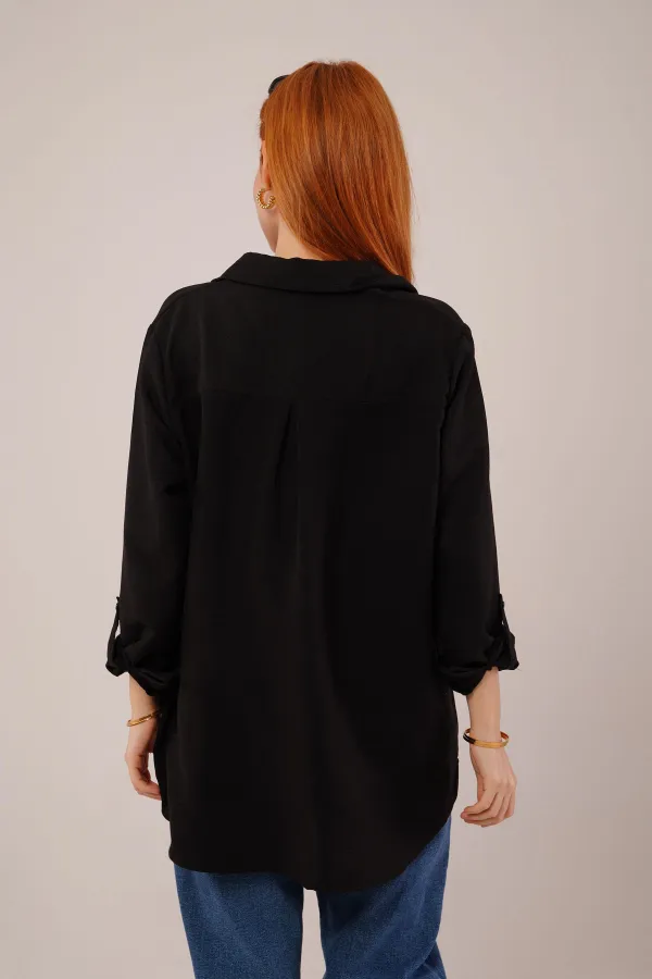 Salaş Kesim Cepli Toptan Siyah Gömlek