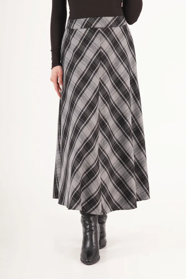 Kareli Yüksek Bel Trend Gri Toptan Etek