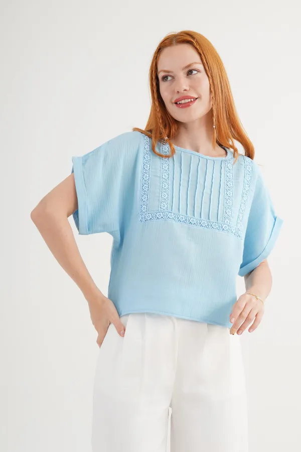 Ön Dantel Detaylı Toptan Mavi Bluz