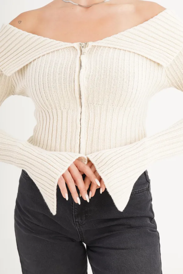 Madonna Yaka Full Fermuarlı Toptan Taş Triko Bluz