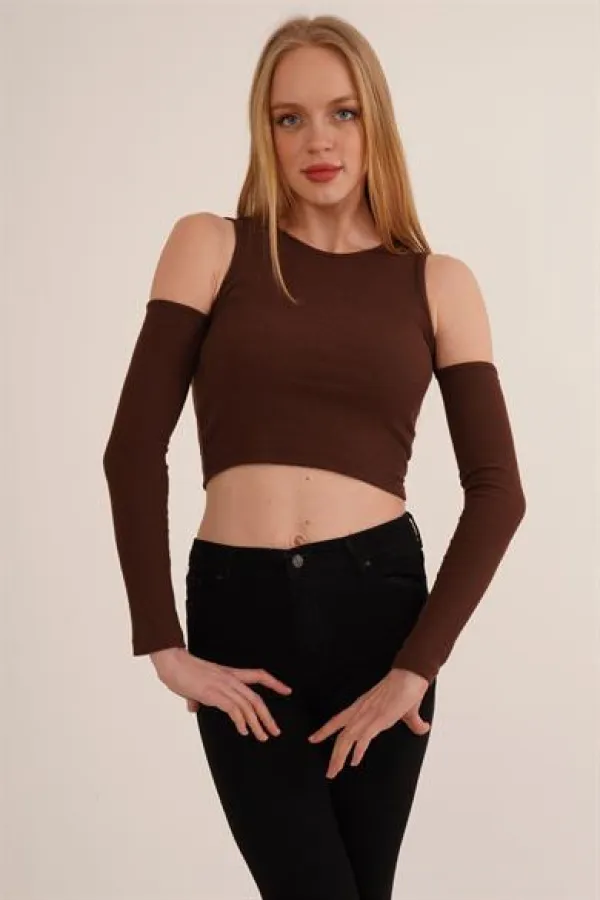 Omuz Detaylı Bisiklet Yaka Toptan Bluz Kahverengi
