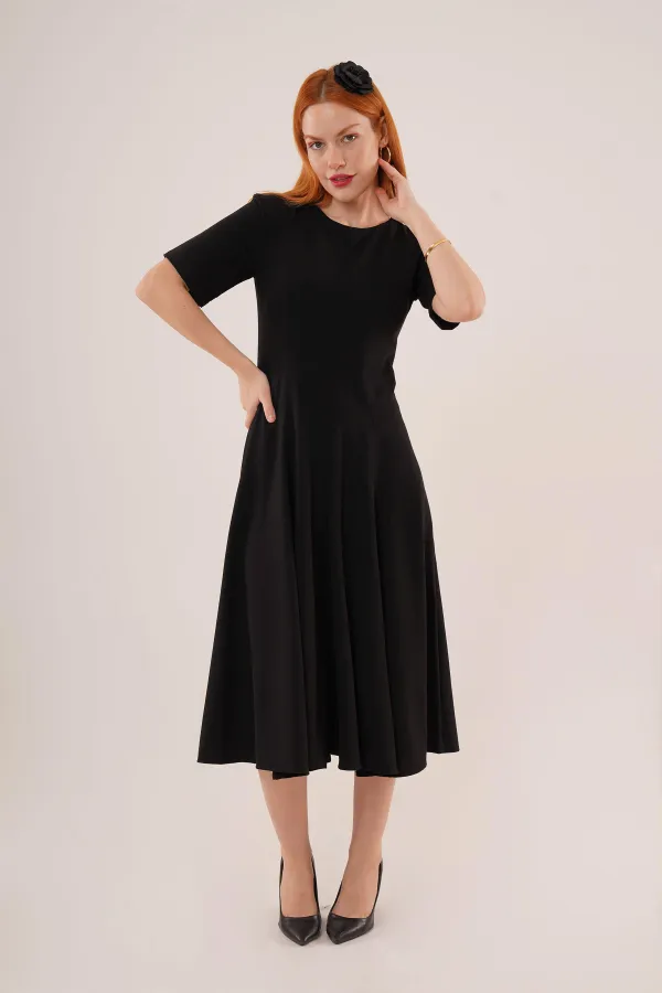 Dikiş Detaylı Kısa Kollu Toptan Siyah Uzun Elbise