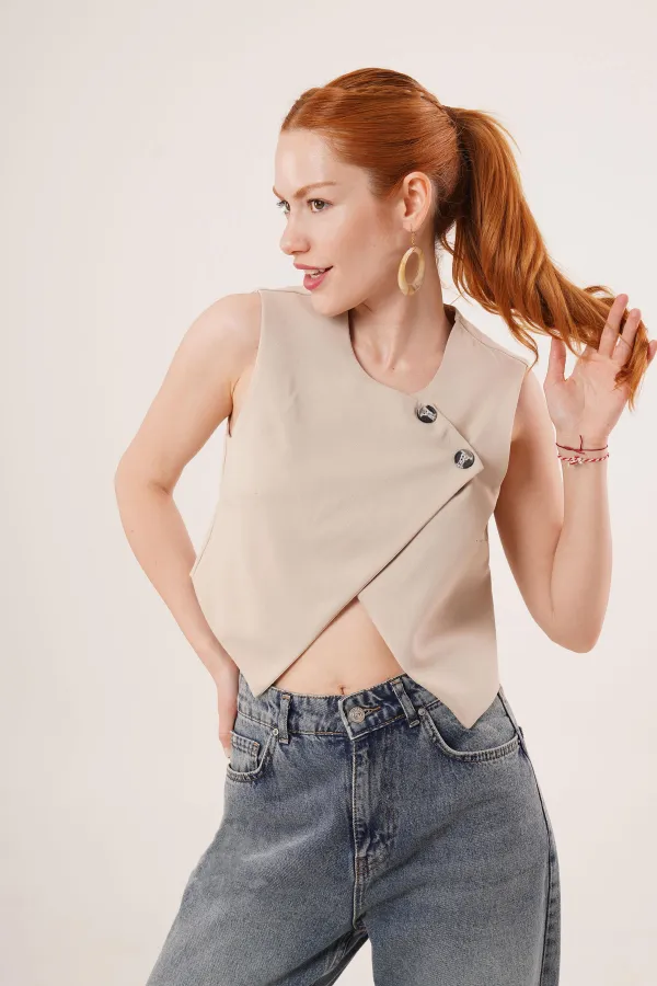 Double Buttoned Cross Model Beige Wholesale Vest