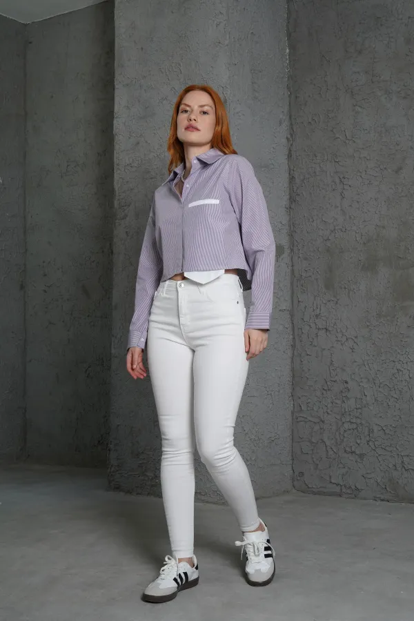 Uzun Cepli Çizgili Mor Toptan Gömlek