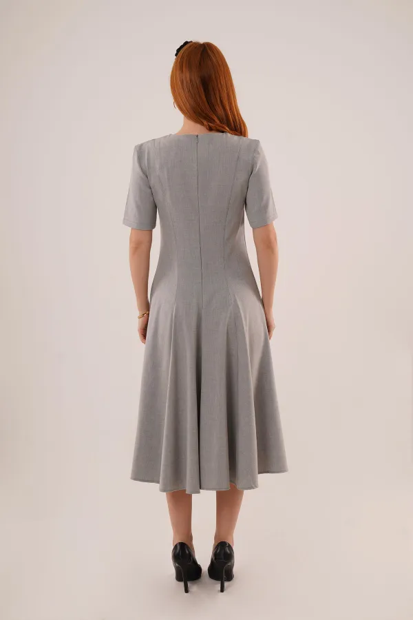 Dikiş Detaylı Kısa Kollu Toptan Gri Uzun Elbise
