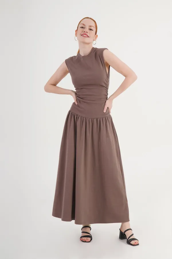 Beli Büzgülü Kahve Toptan Elbise