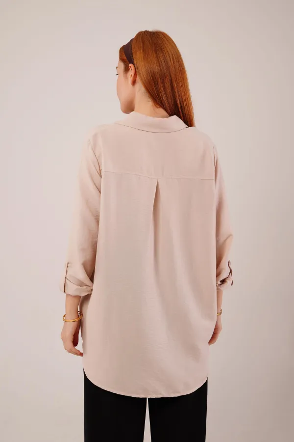 Salaş Kesim Cepli Toptan Bej Gömlek