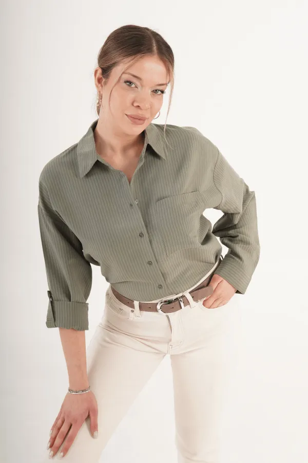 Çizgili Dökümlü Toptan Haki Gömlek