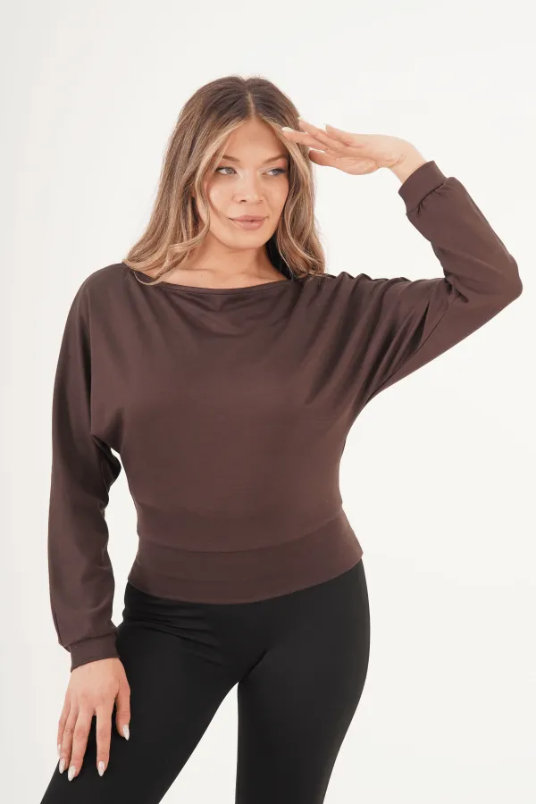 İnce Oys Kumaş Yarasa Kol Toptan Kahve Bluz