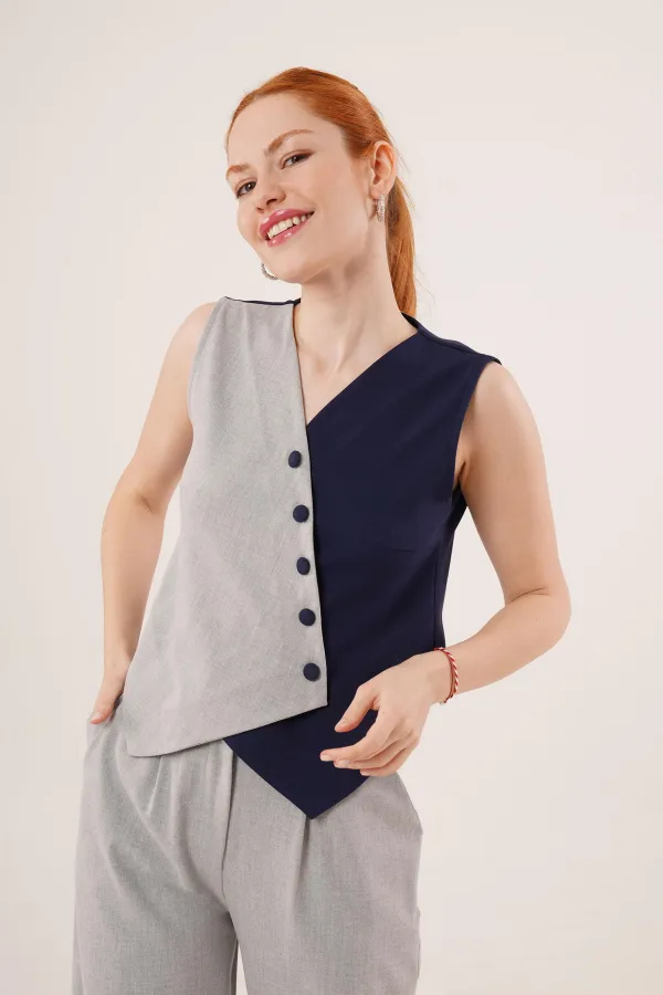 Çapraz Model Düğmeli Lacivert Toptan Yelek